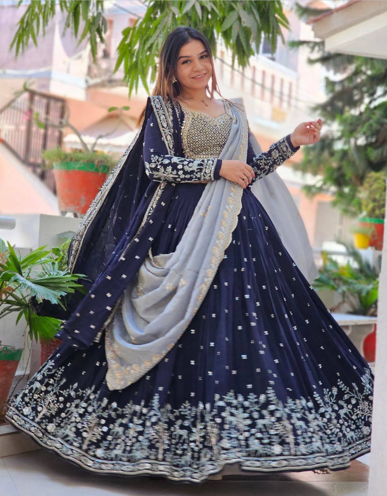Navy Blue Fox Georgette Heavy Embroidered Designer Lehenga Choli with Dupatta