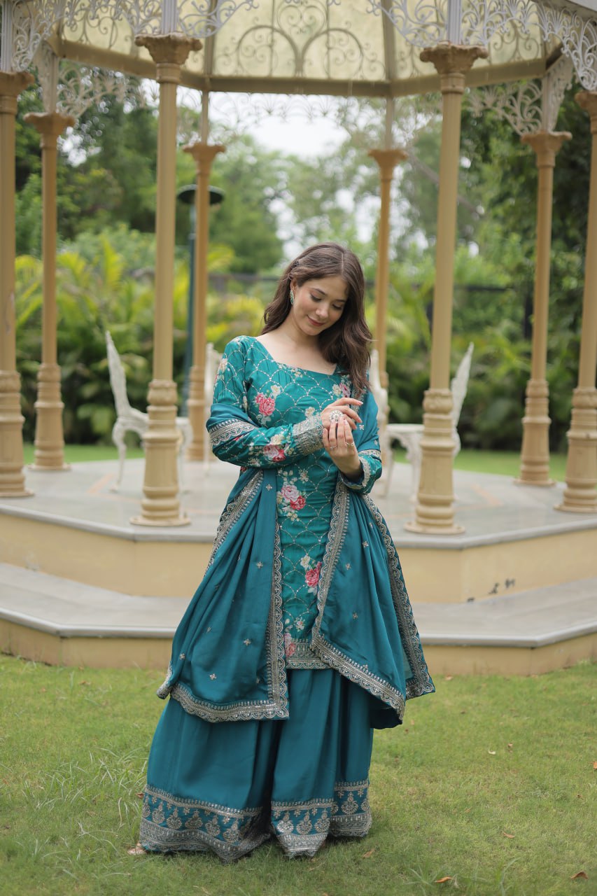 Teal chinon embroidered Medhasvi designer sharara suit