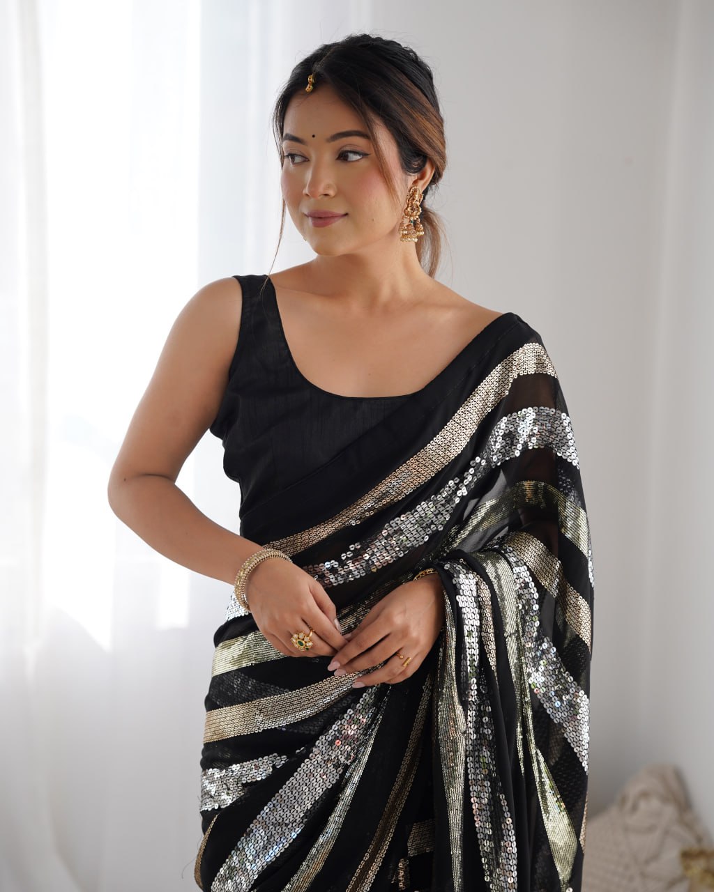 Black georgette sequin embroidered Kira designer saree