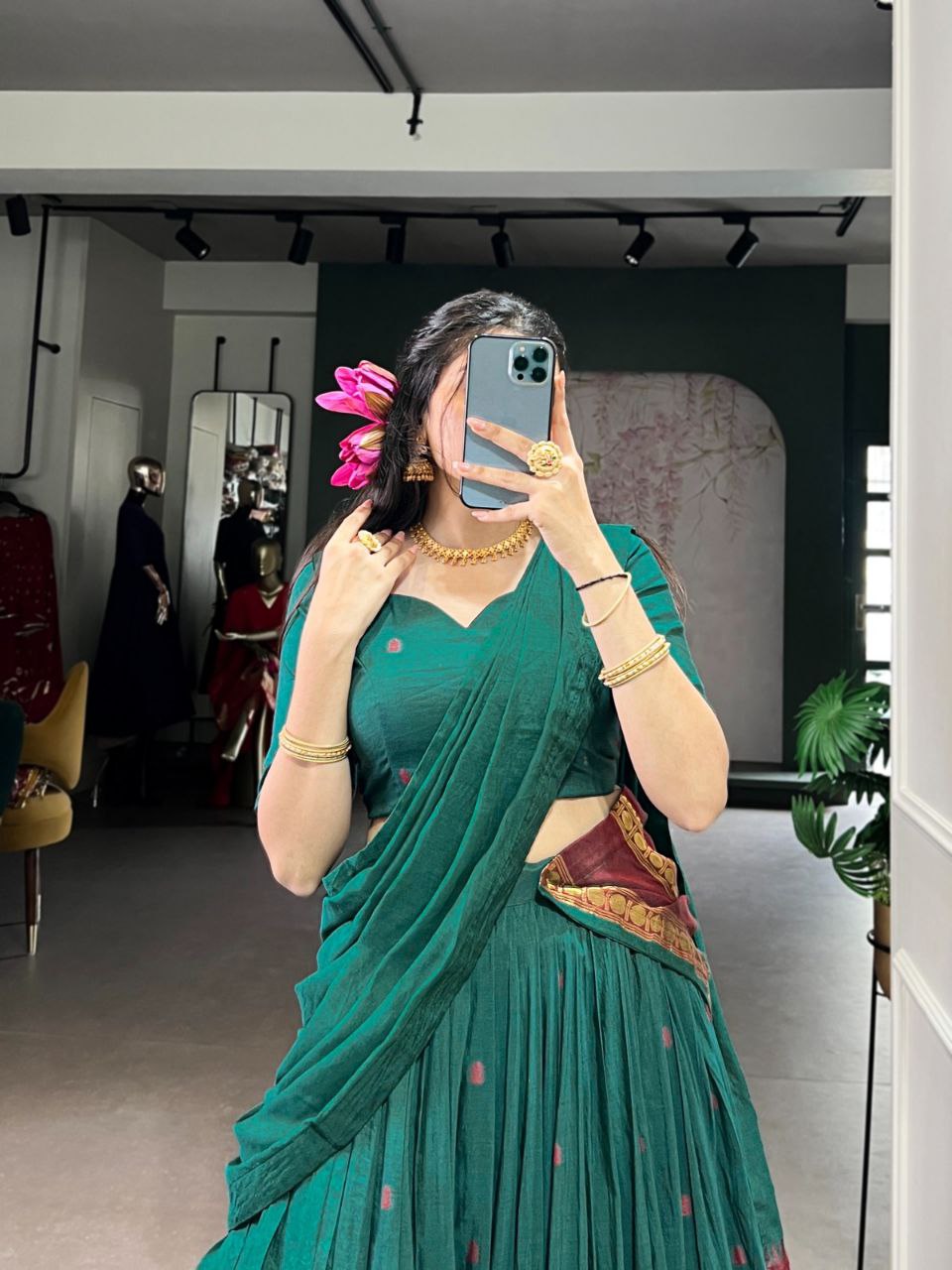 Green Color Pure Chanderi Zari Weaving Half Saree Lehenga Choli
