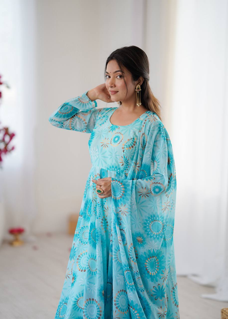 Sky blue georgette floral printed Anarkali suit for women
