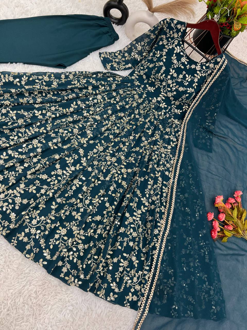 Janvika blue embroidered georgette Anarkali suit set