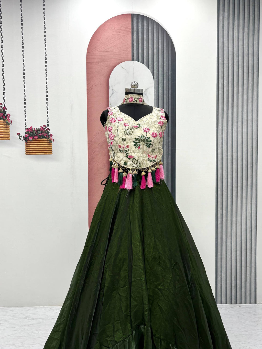 Tanu green tissue silk lehenga choli with sequins thread work and dupatta