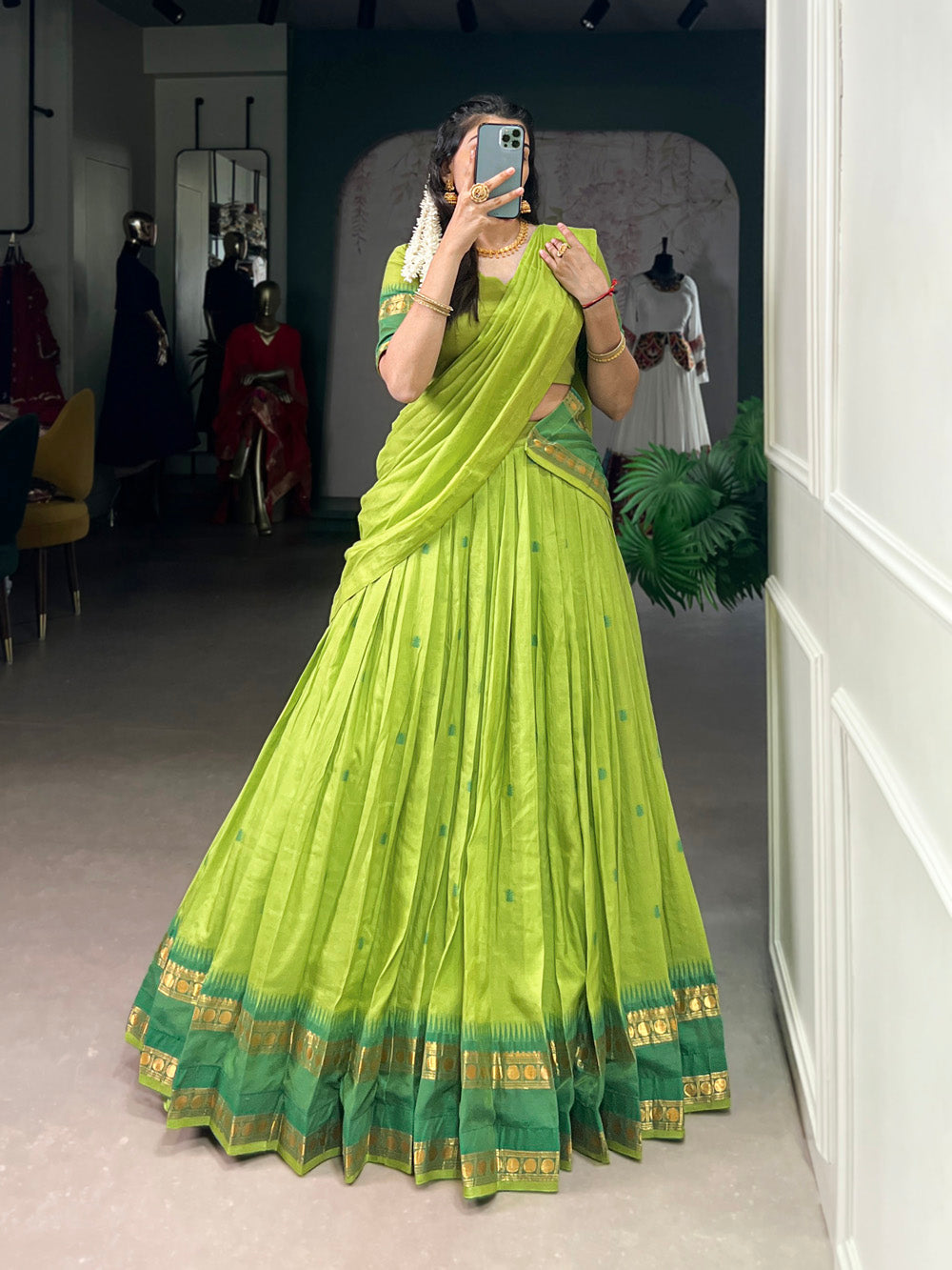Green traditional Chanderi half-saree lehenga with zari work
