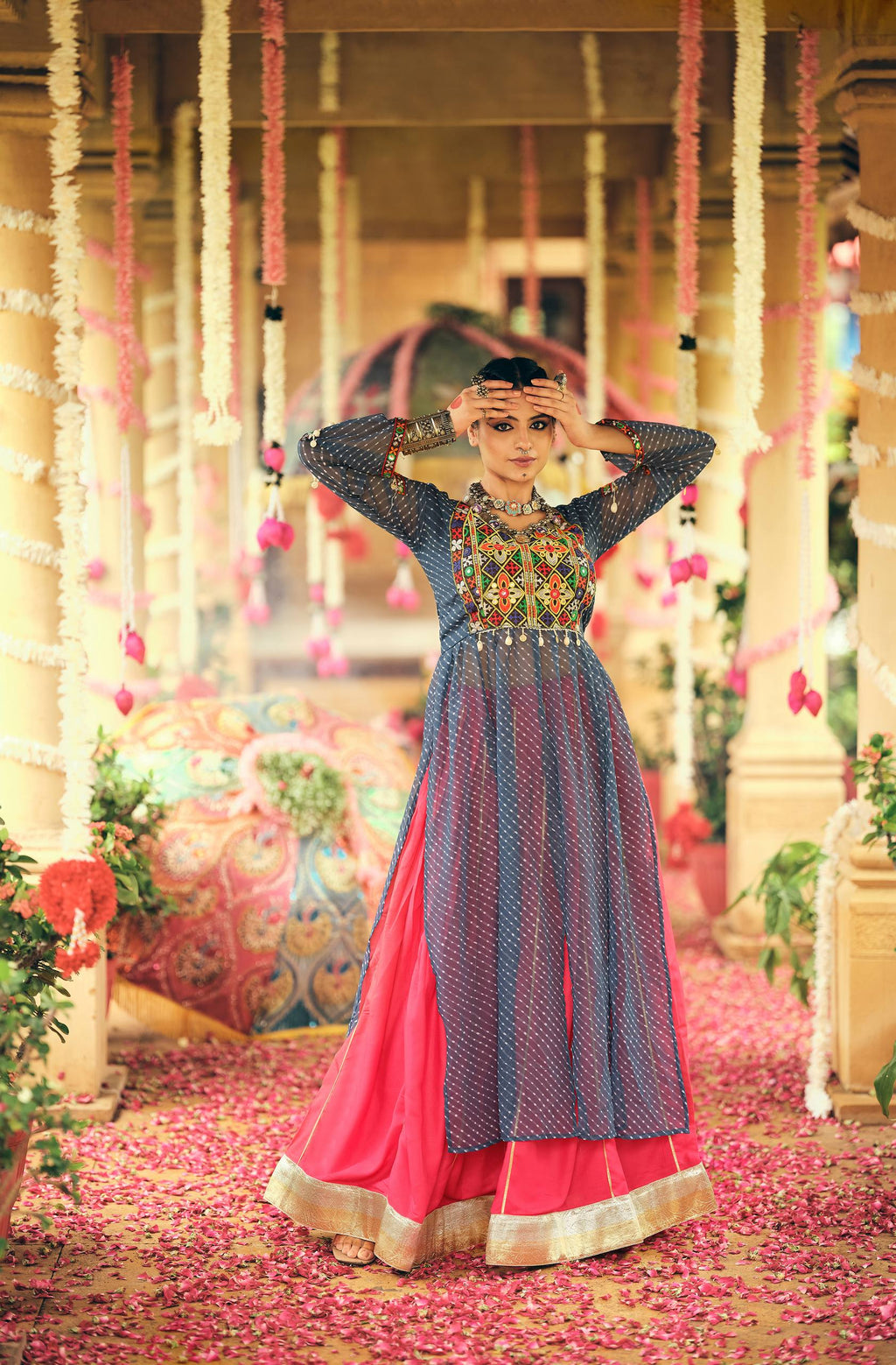 Navy blue pure rayon canvas patta embroidered mirror work lehenga choli