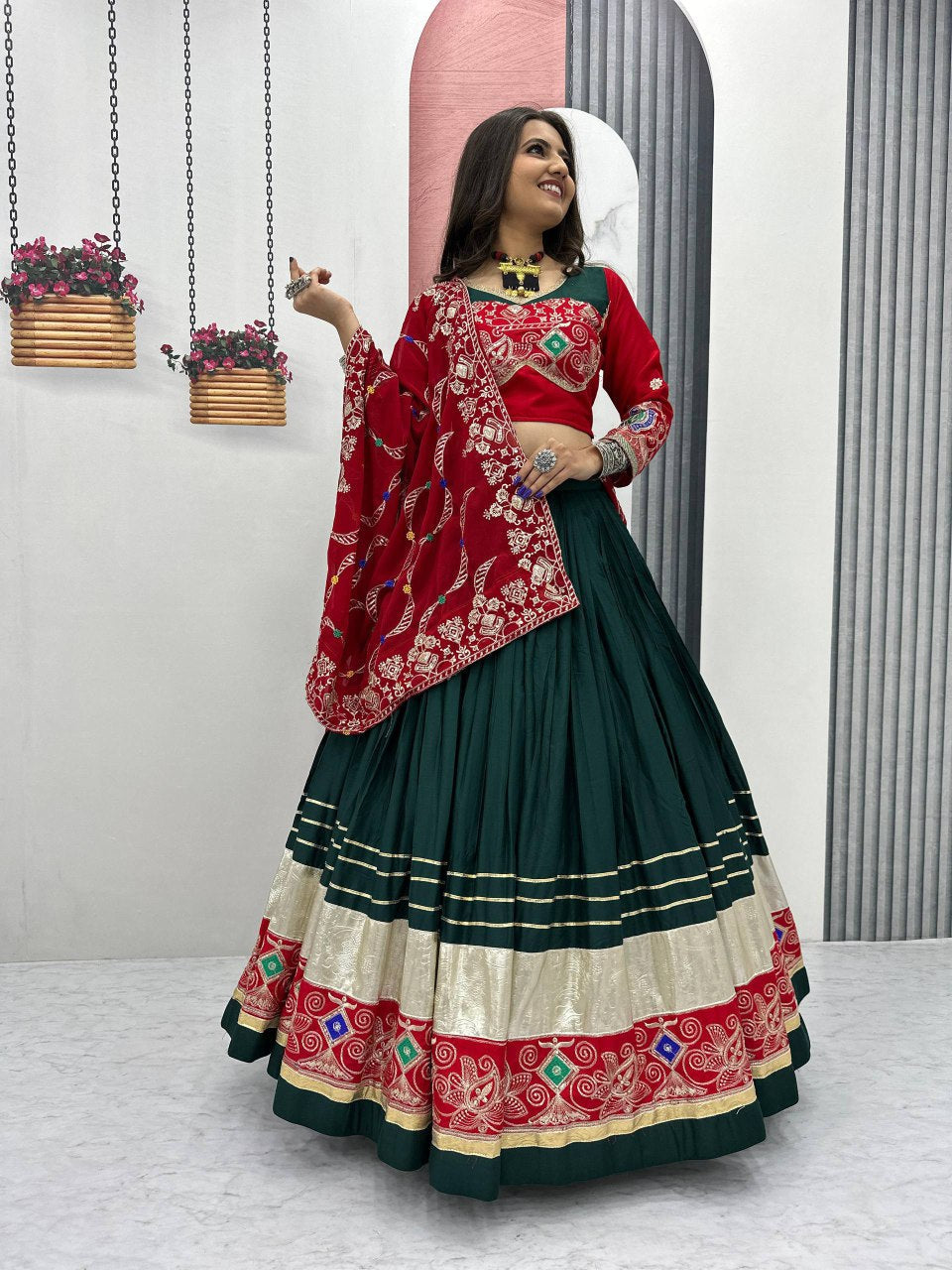 Green pure cotton embroidered sequins work lehenga choli