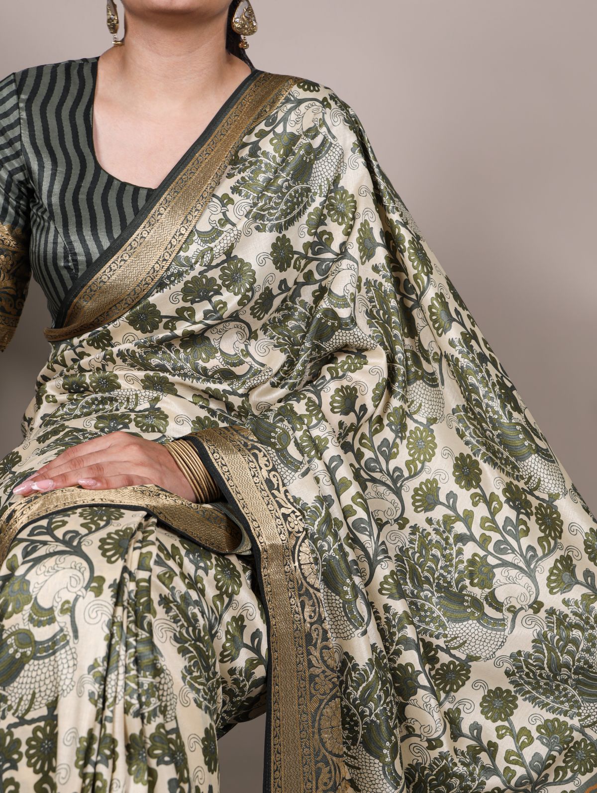 Green tasar silk printed saree with viscose border and blouse