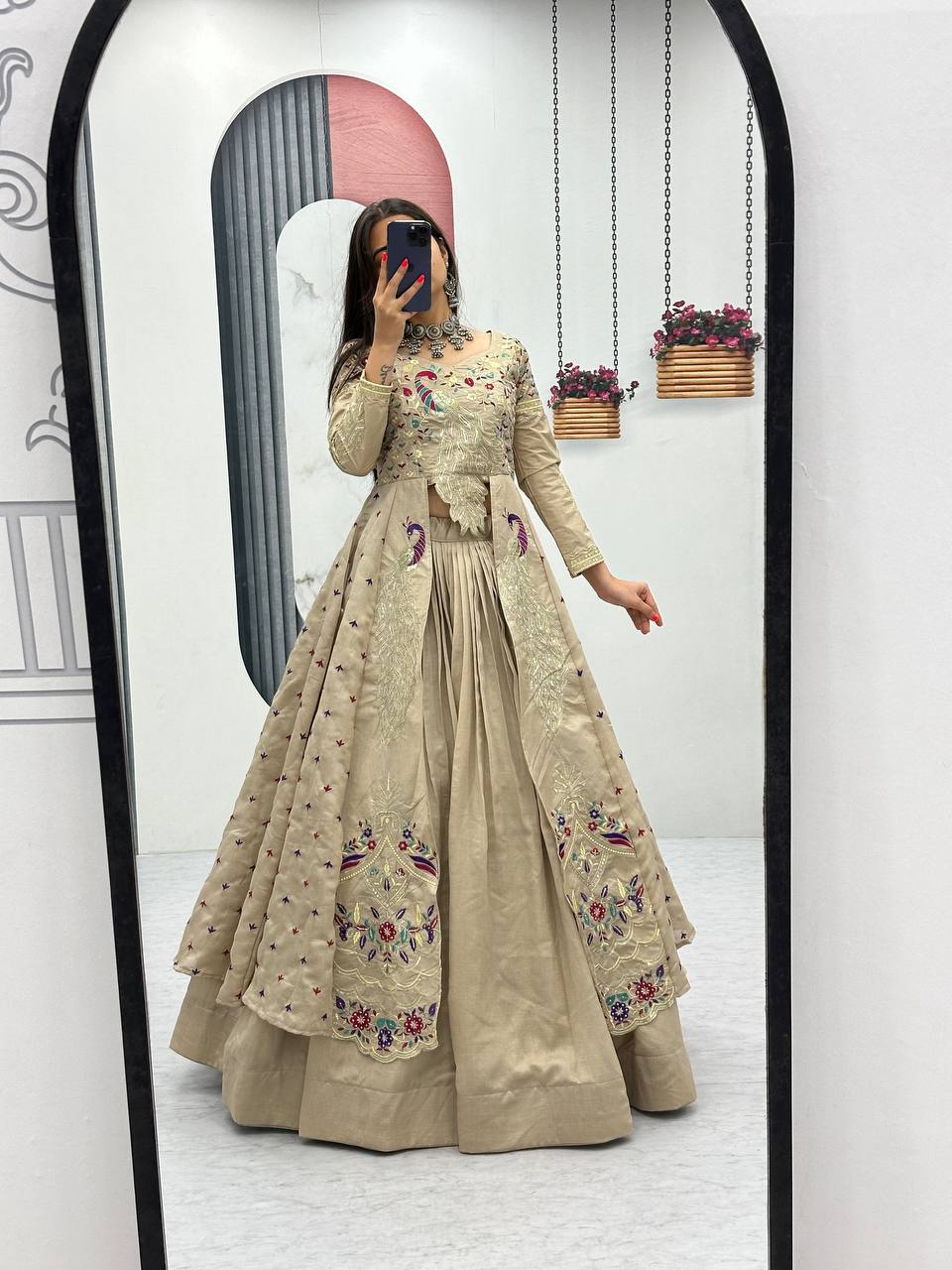 Mani beige Vichitra silk crop top peacock design lehenga with embroidered shrug