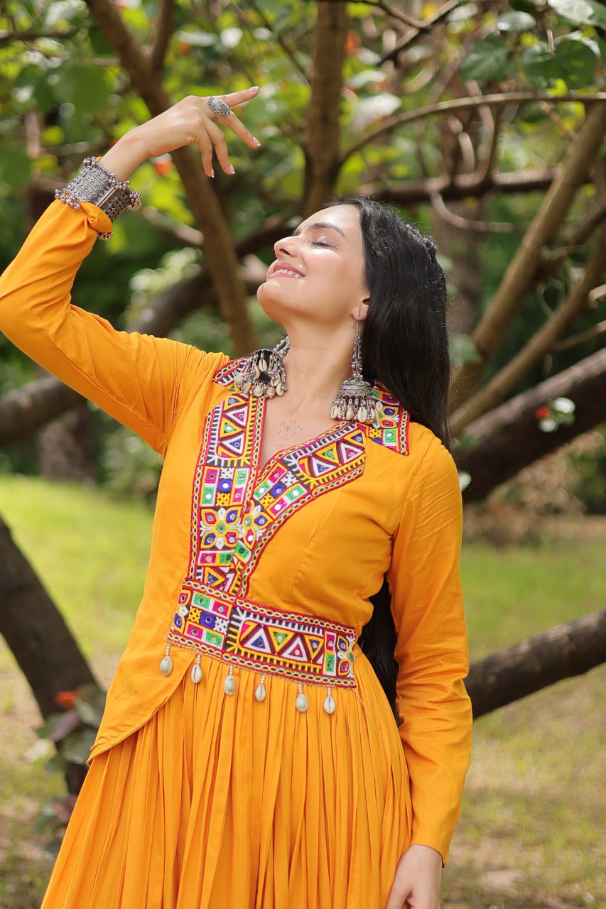 Yellow rayon Kutchi Gamthi embroidered Misty Navratri gown