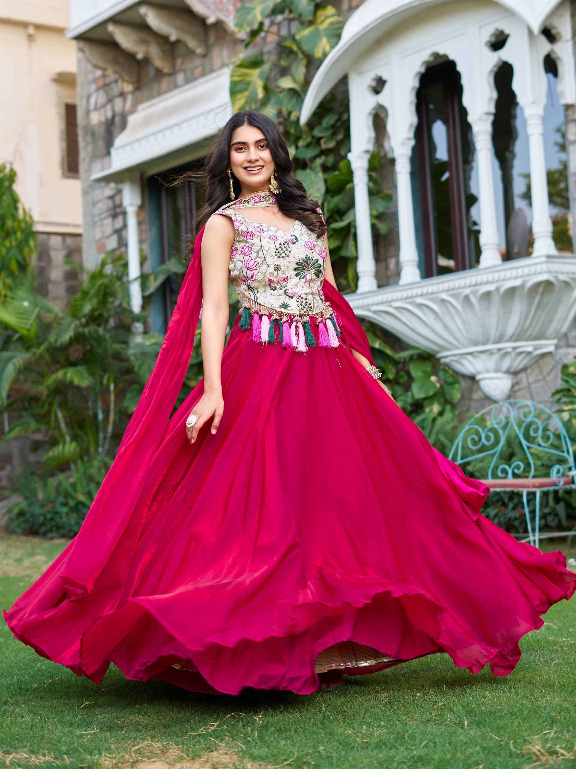 Tanu pink tissue silk lehenga choli with sequins thread work and dupatta