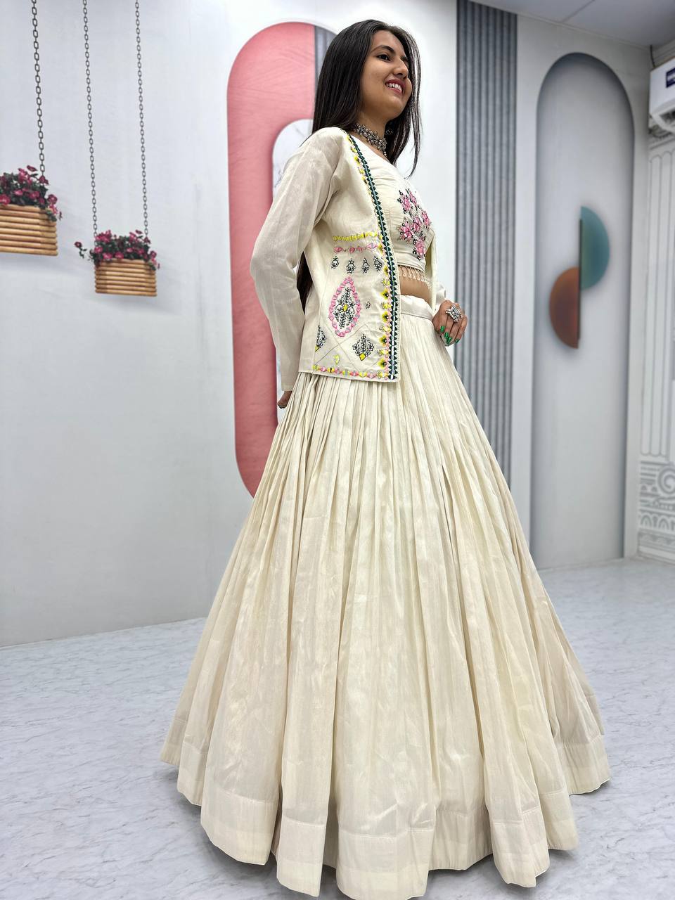 Off white tissue shimmer lehenga choli with handwork real diamond work and jacket