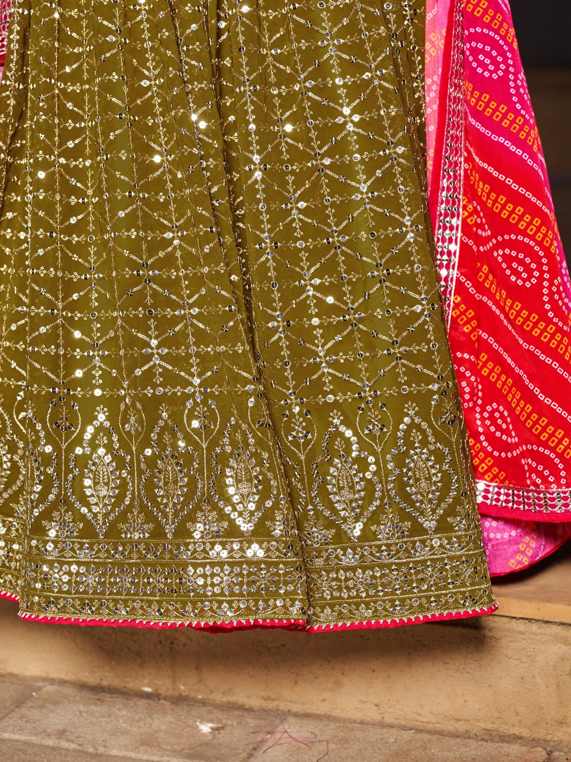 Navya olive green embroidered lehenga choli with Bandhani dupatta