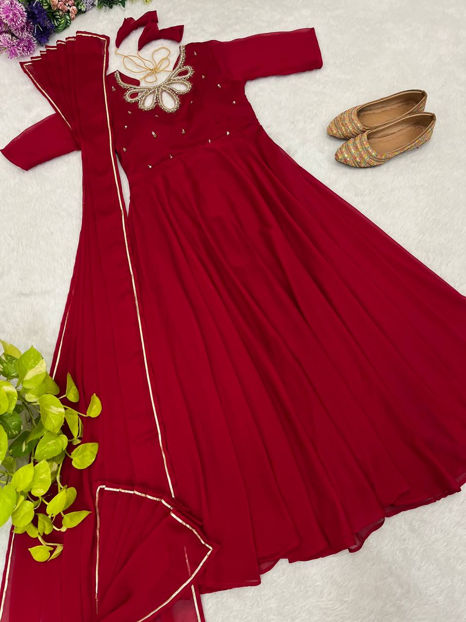 Samiksha red georgette embroidered Anarkali gown set