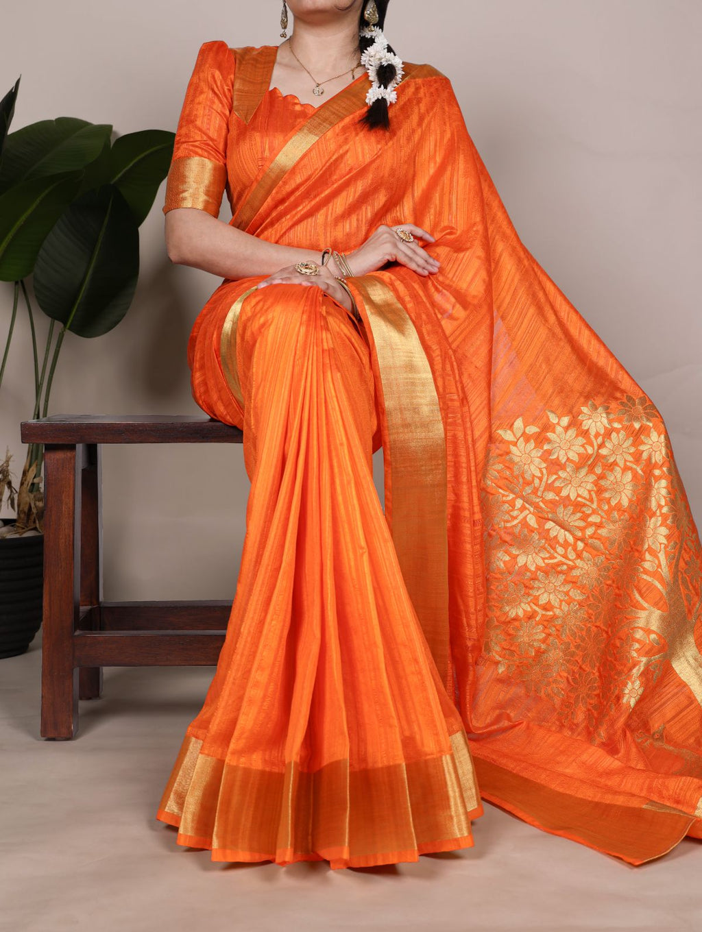 Orange raw silk zari weaving saree with unstitched blouse