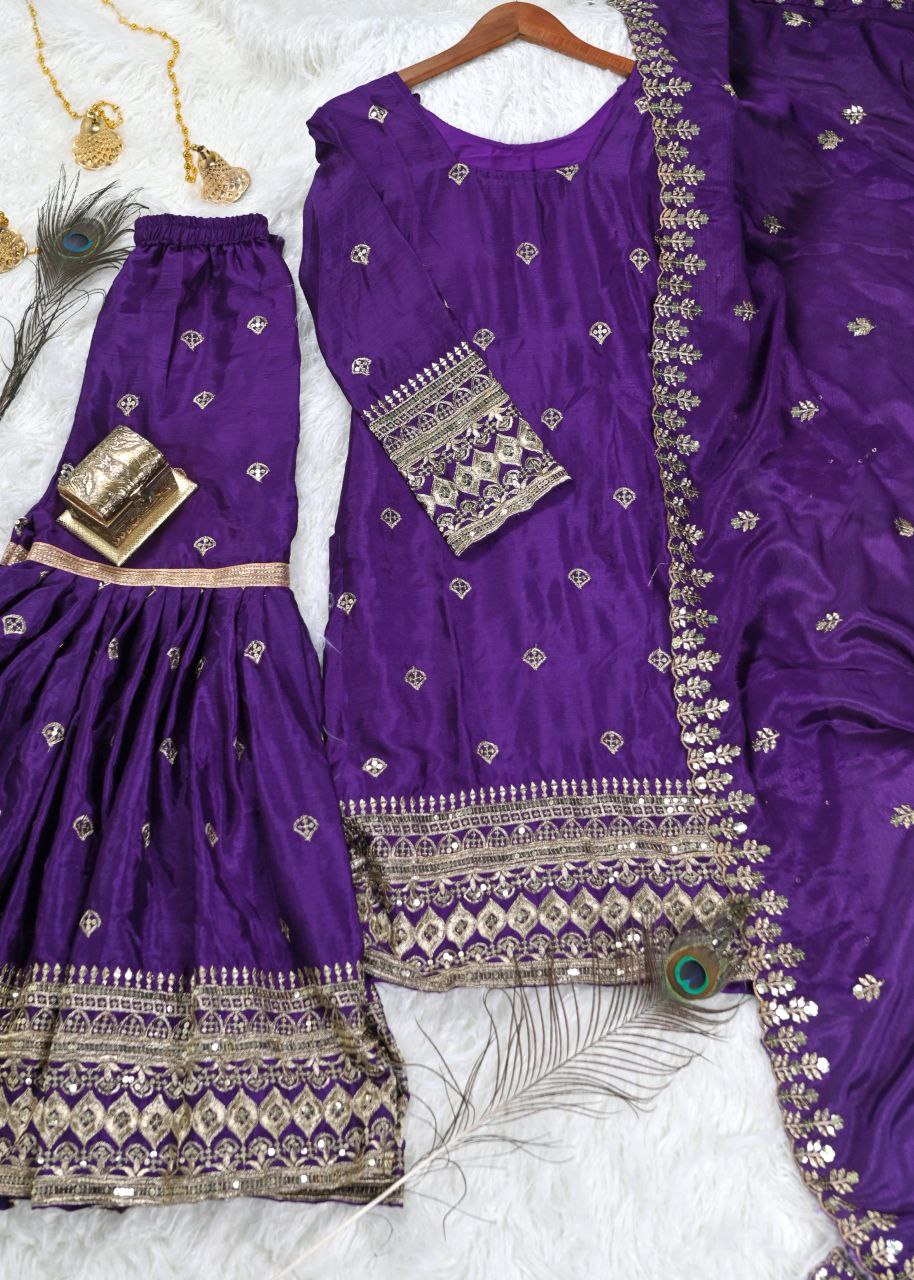 Purple chinon embroidered Svara designer sharara suit