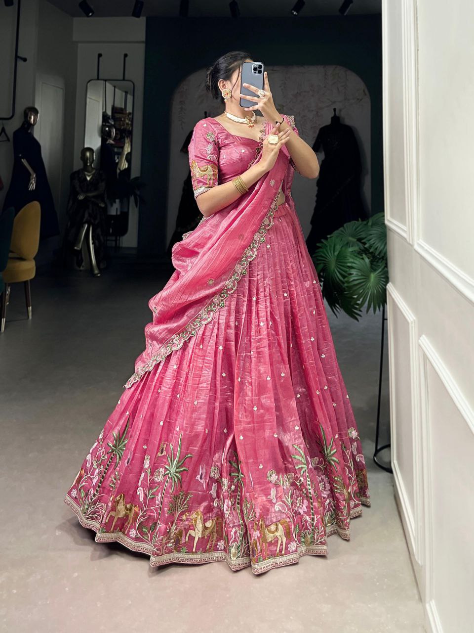 Pink gold crush sequins thread embroidery work lehenga choli