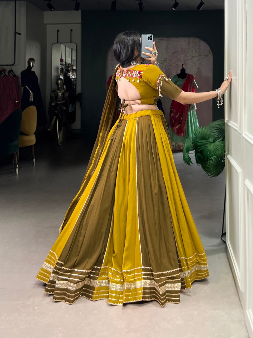 Mustard yellow pure rayon mirror Gamthi work lehenga choli