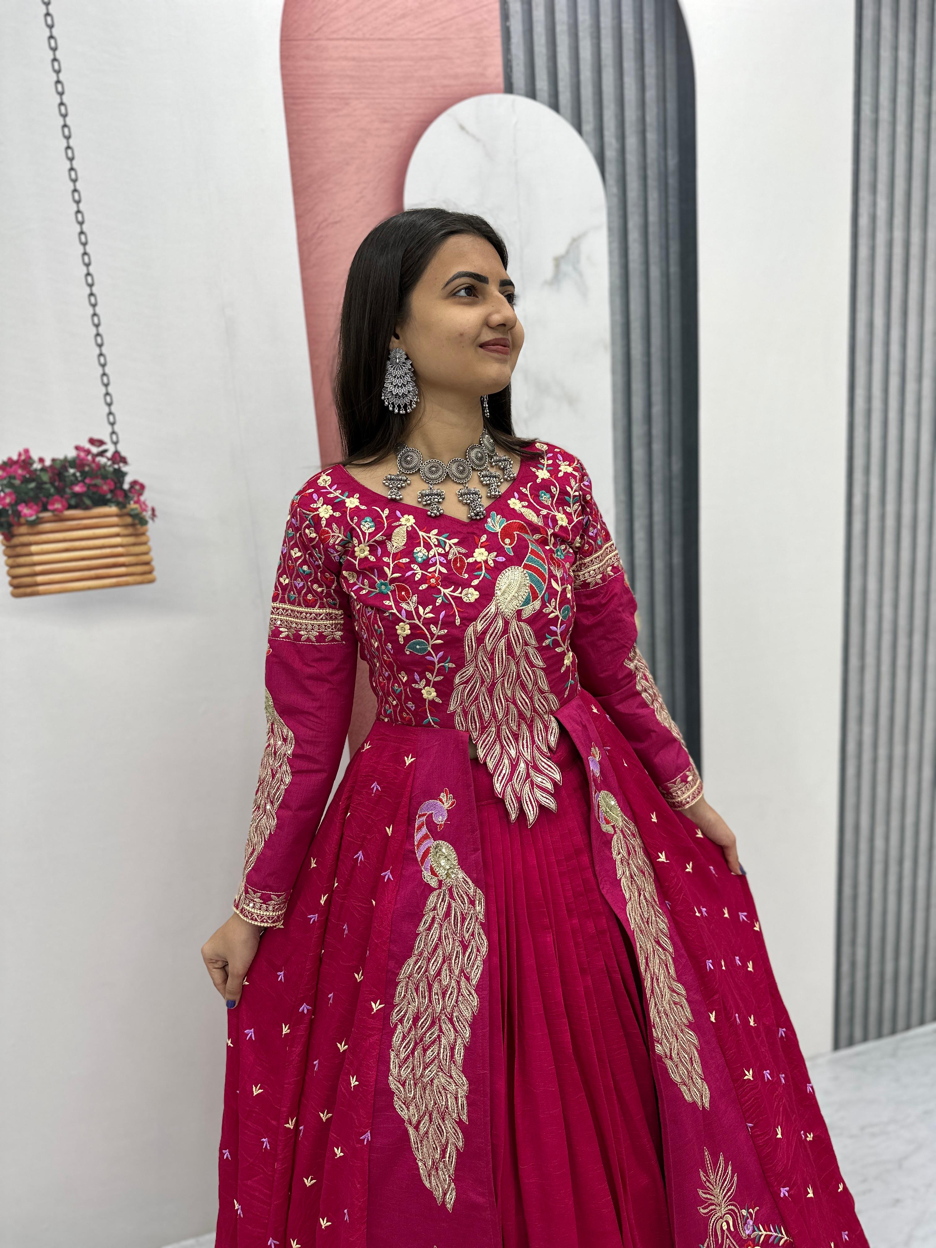 Mani pink vichitra silk crop top peacock design lehenga with embroidered shrug
