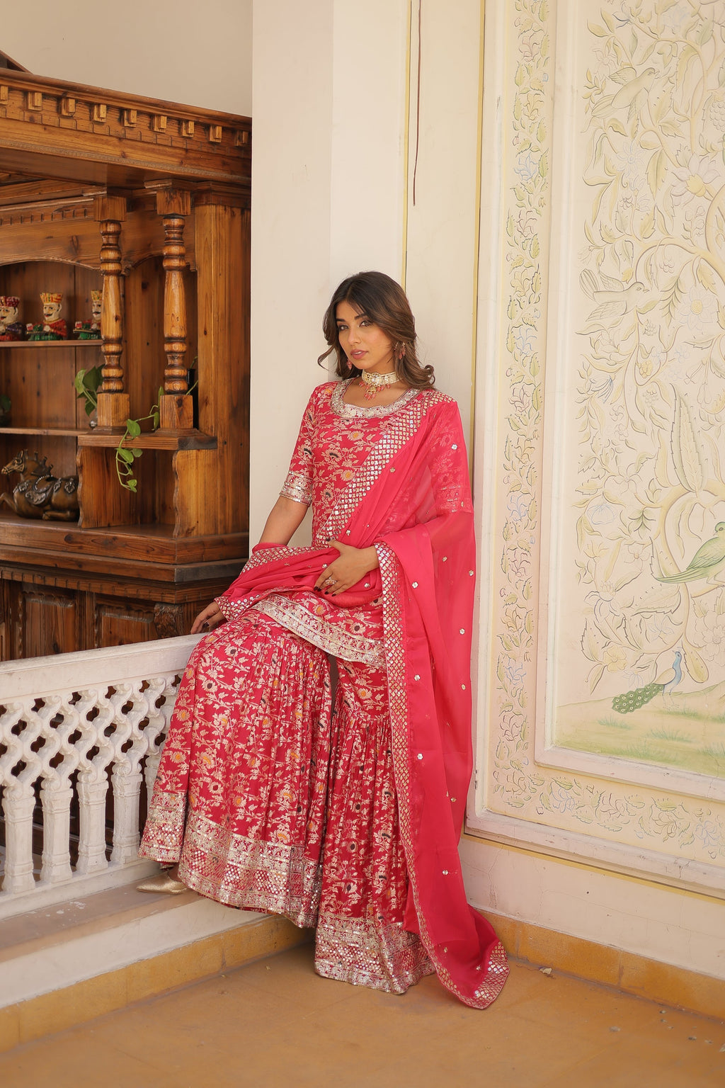 Krishnapriya rani pink viscose embroidered kurti gharara set