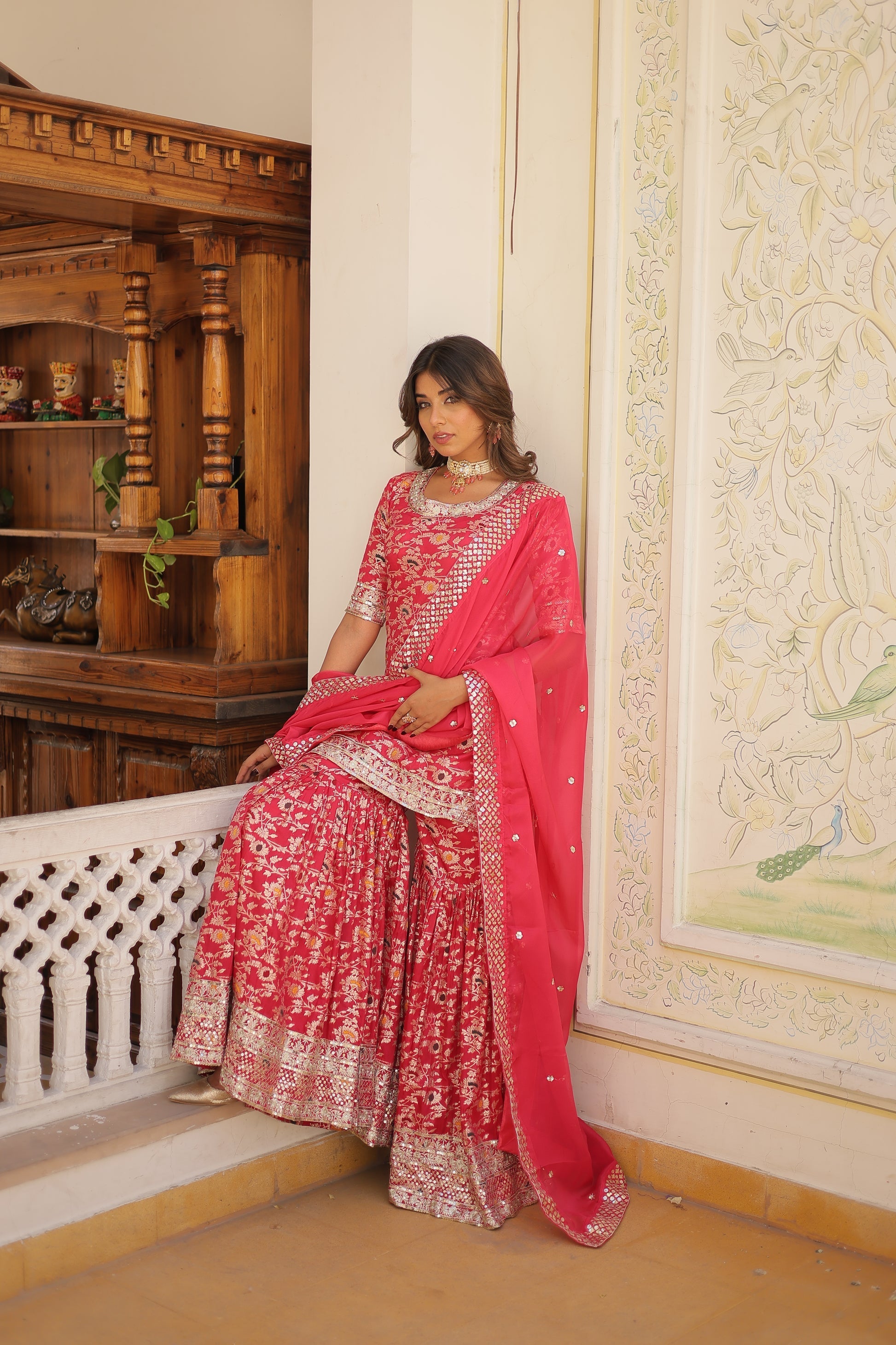 Krishnapriya rani pink viscose embroidered kurti gharara set