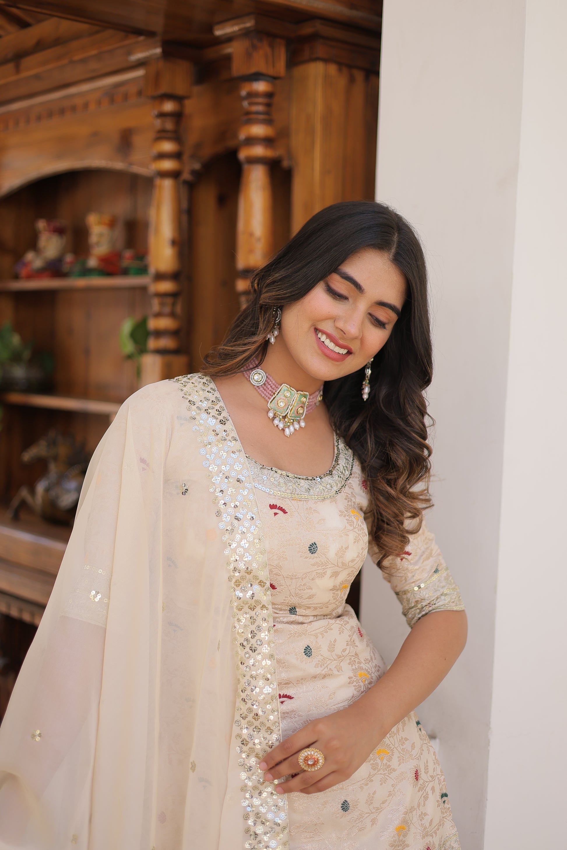 Krishnapriya off white viscose embroidered kurti gharara set