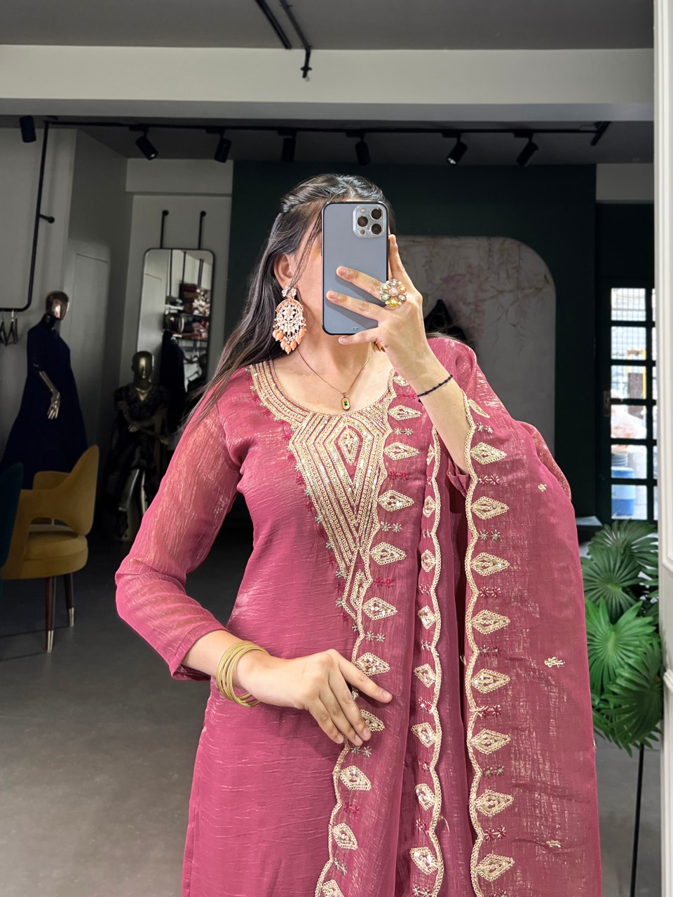 Onion pink silver glory embroidered kurti set with dupatta
