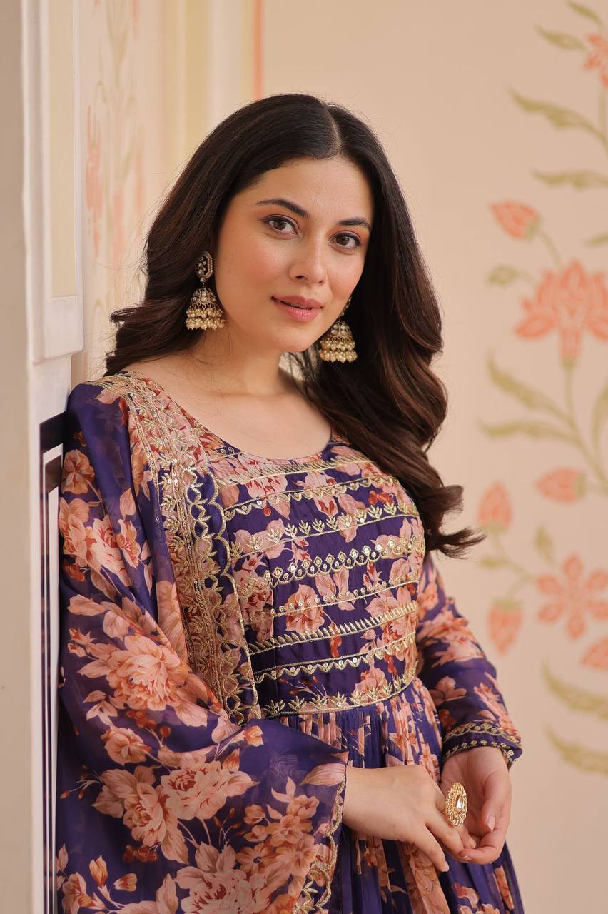 Purple Russian silk printed gown with embroidered sequins work and dupatta