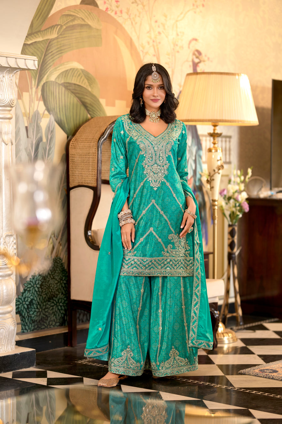 Meera chinon silk embroidered designer kurti sharara set