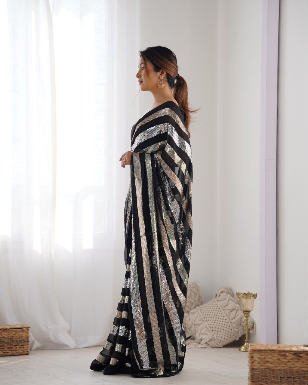 Black georgette sequin embroidered Kira designer saree