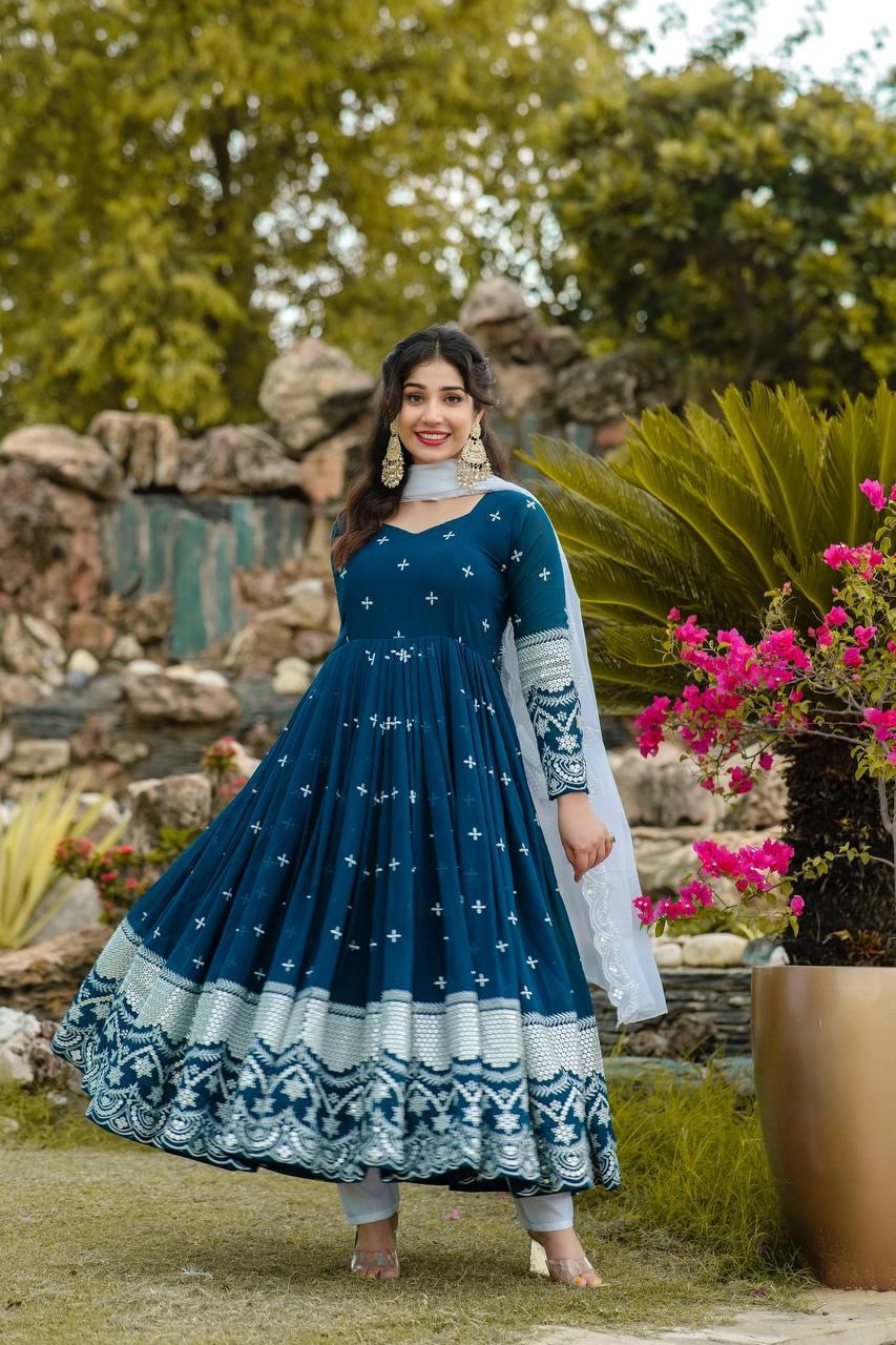 Blue georgette embroidered Nivriti designer Anarkali suit