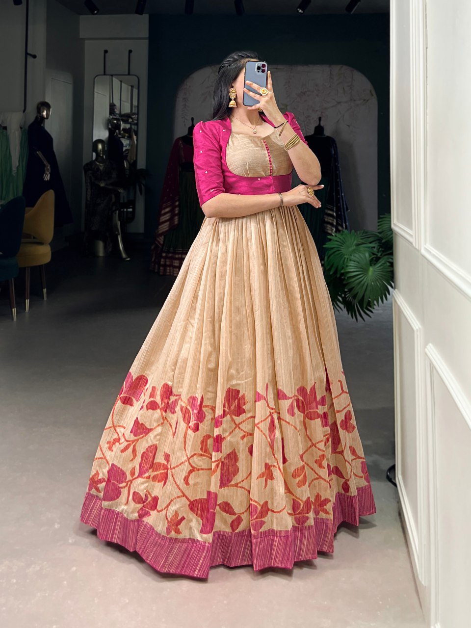 Beige silk printed gown with embroidered koti for wedding functions