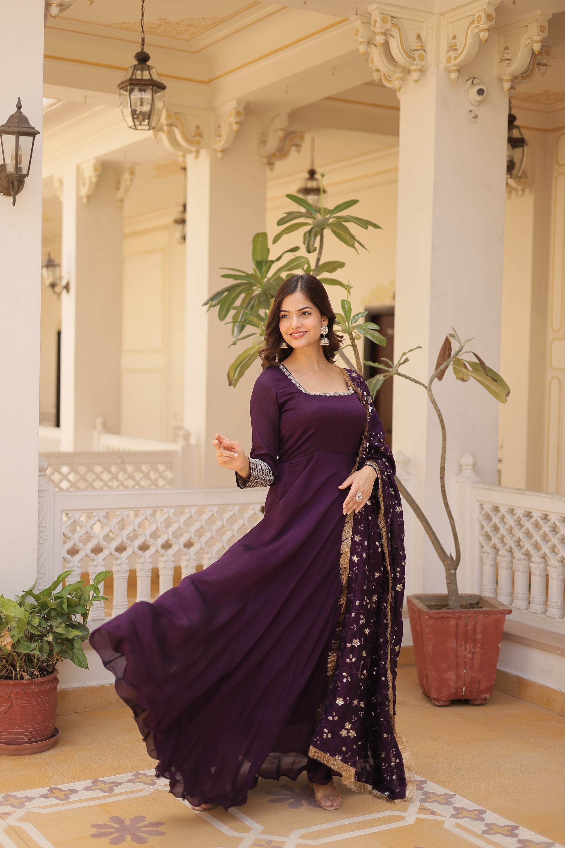 Purple Vichitra silk Aparajita designer Anarkali gown