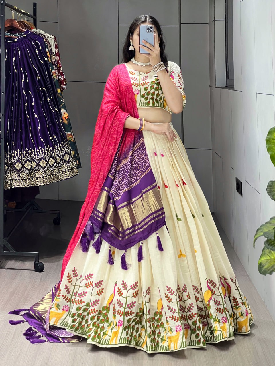 Green pure rayon plain butti silk work lehenga choli with gota patti koti