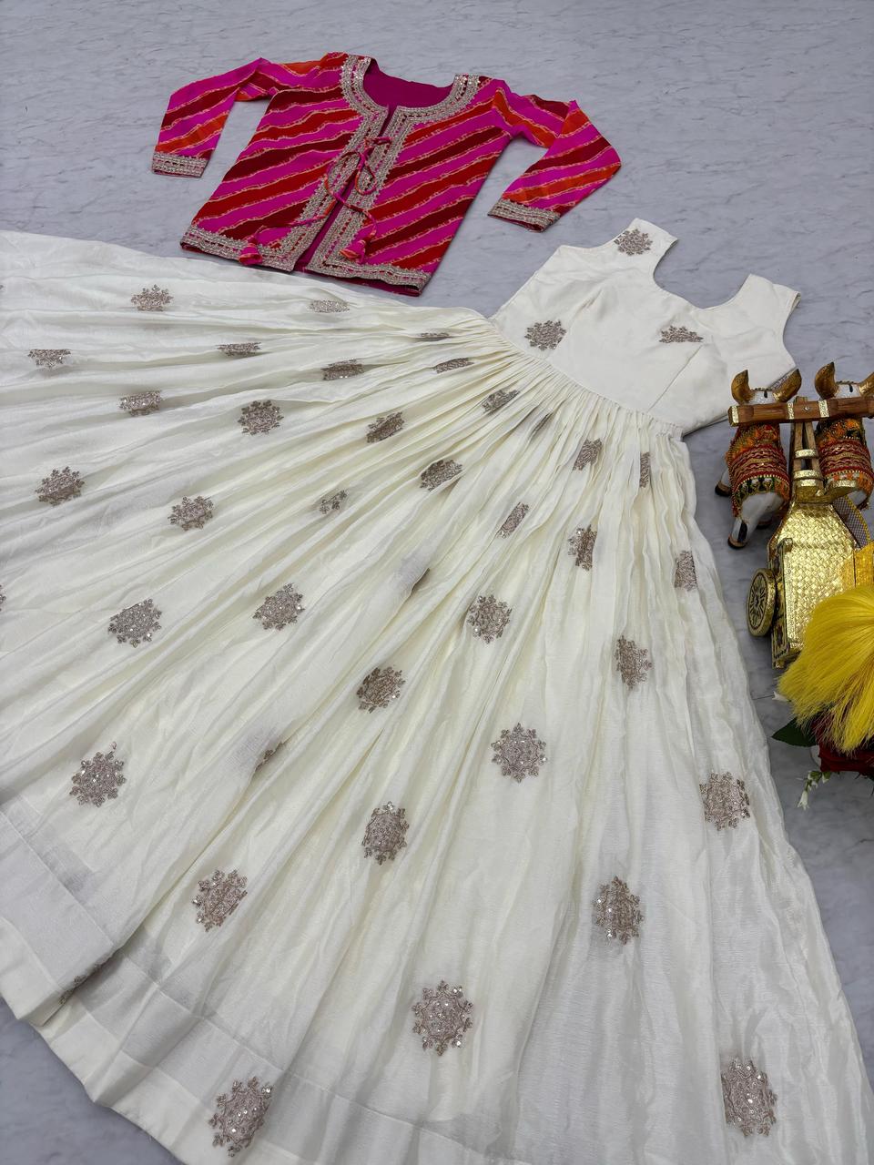 Eesha chinon sequence leheriya jacket and long gown set