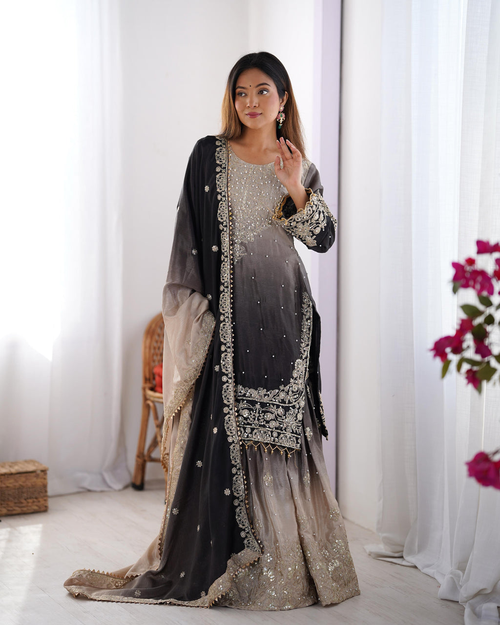 Manvisha black embroidered sharara suit set