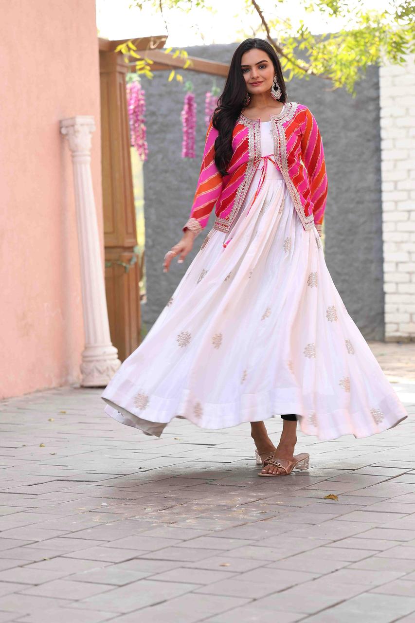 Eesha chinon sequence leheriya jacket and long gown set