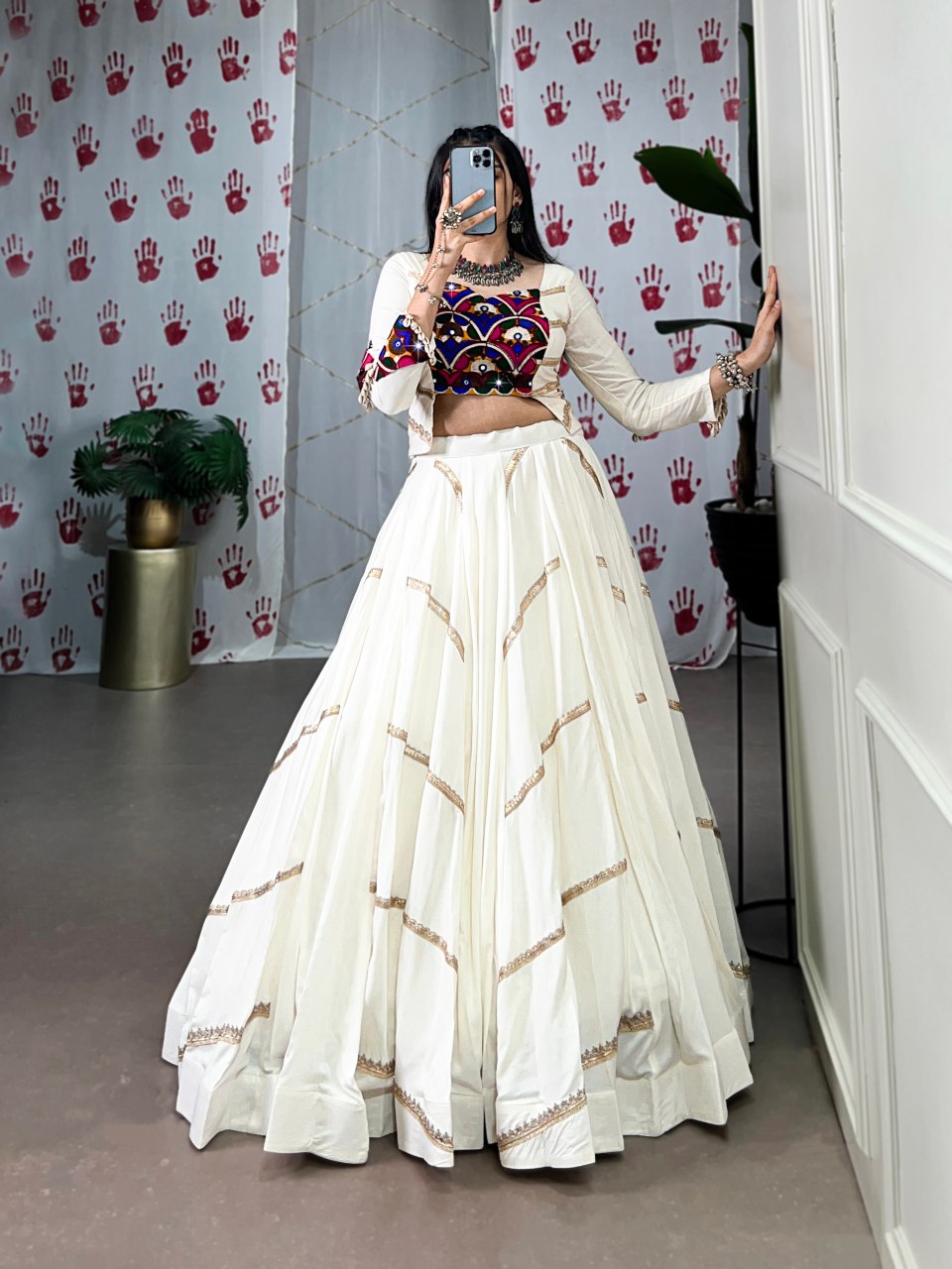 Off white pure rayon lehenga choli with mirror gamthi and sequins work