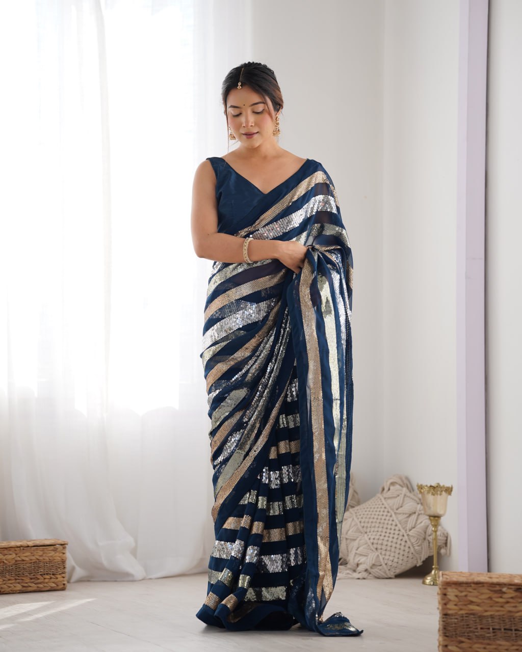 Navy blue georgette sequin embroidered Kira designer saree