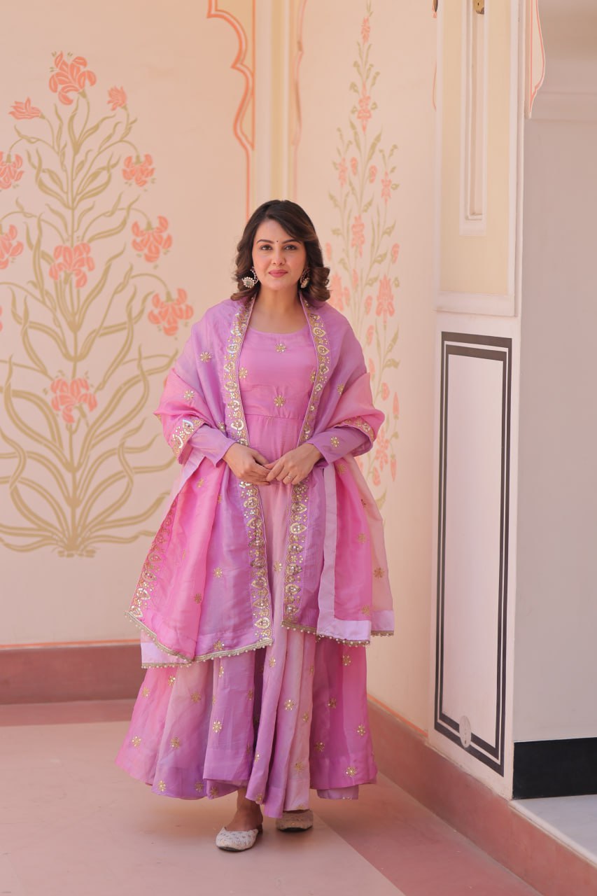 Pink organza flair gown with sequins zari embroidery and dupatta