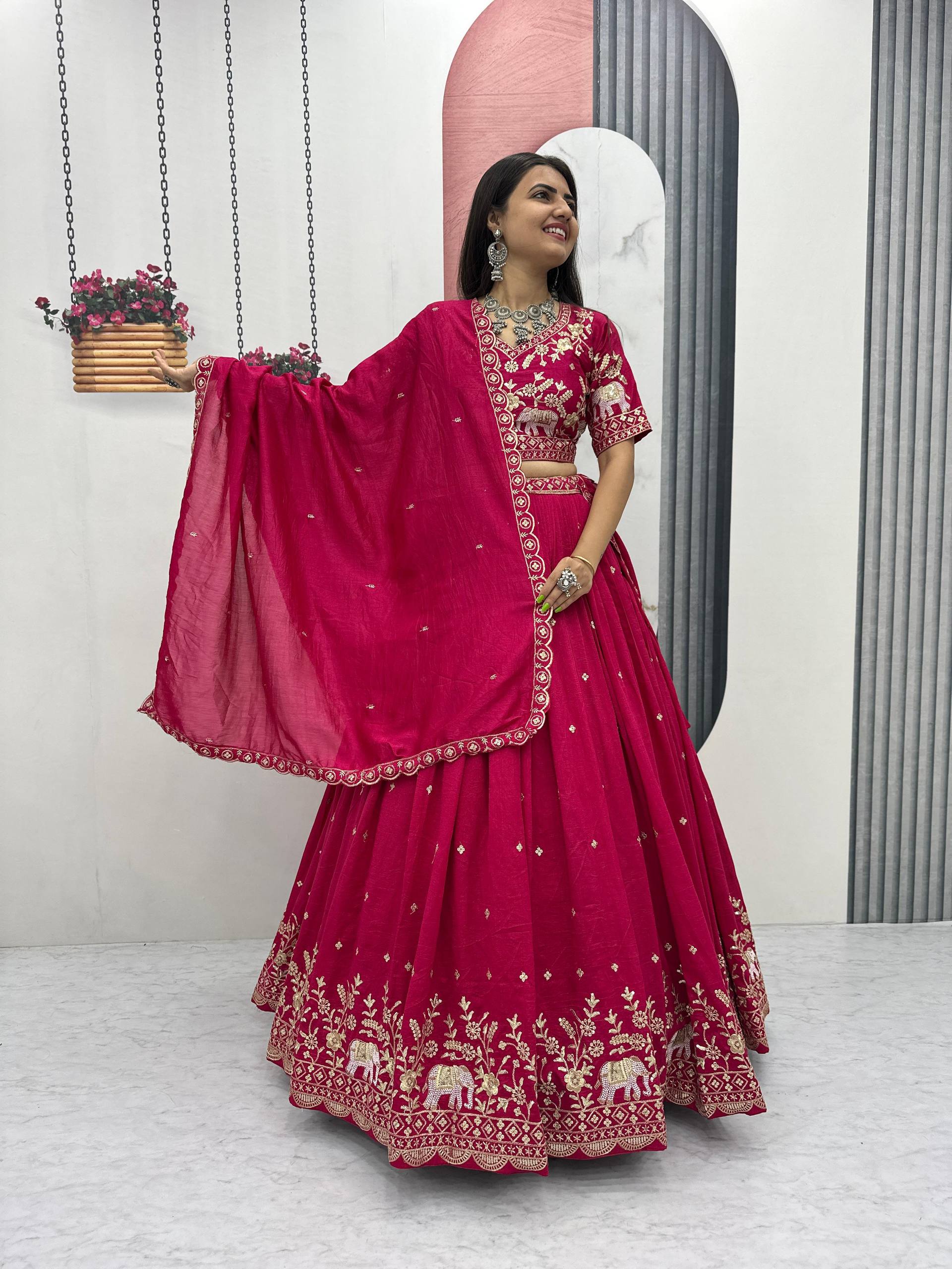 Gopi pink Vichitra silk lehenga choli with embroidery sequins thread work