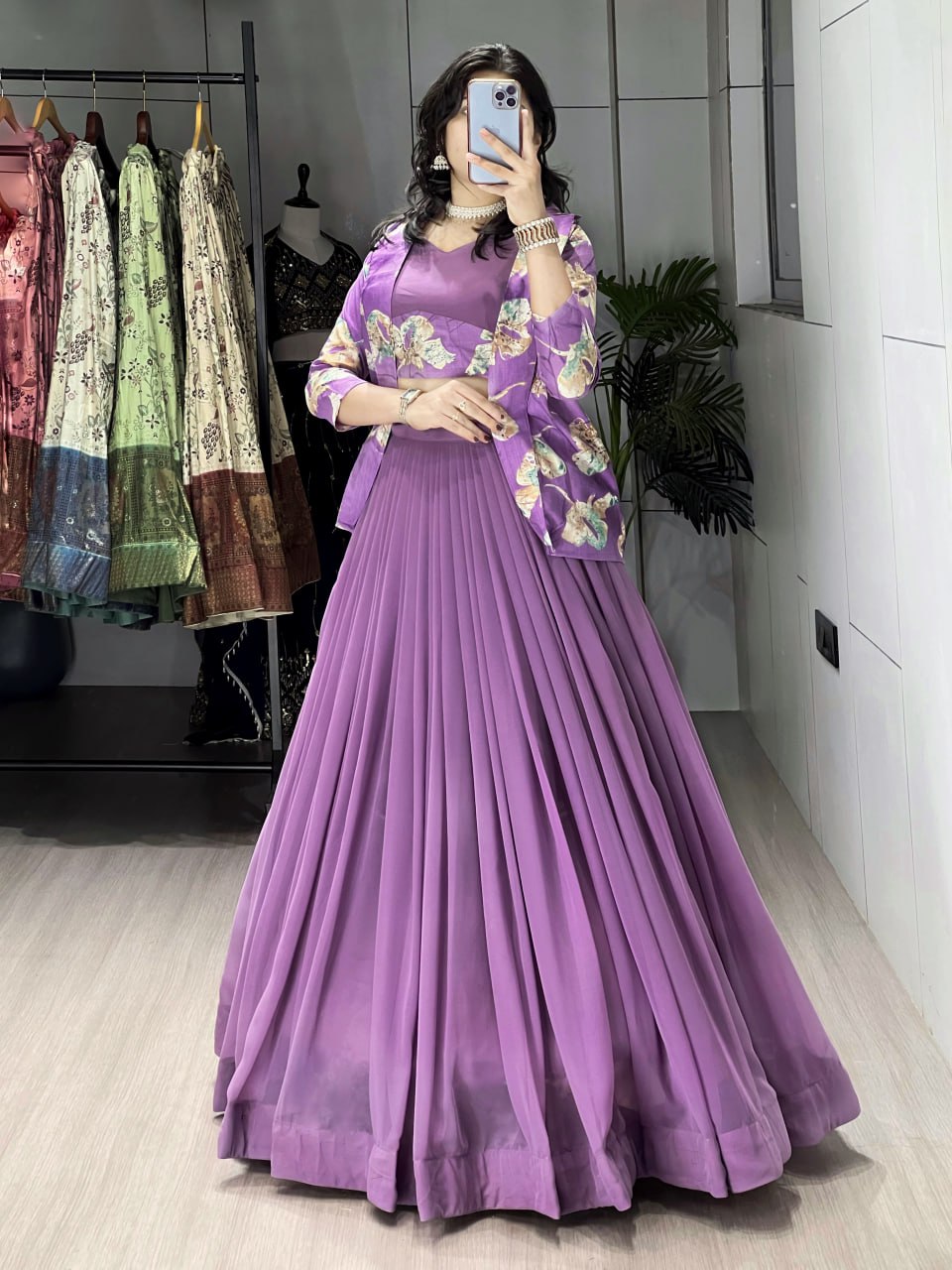 Alka lavender georgette foil printed lehenga choli with koti jacket