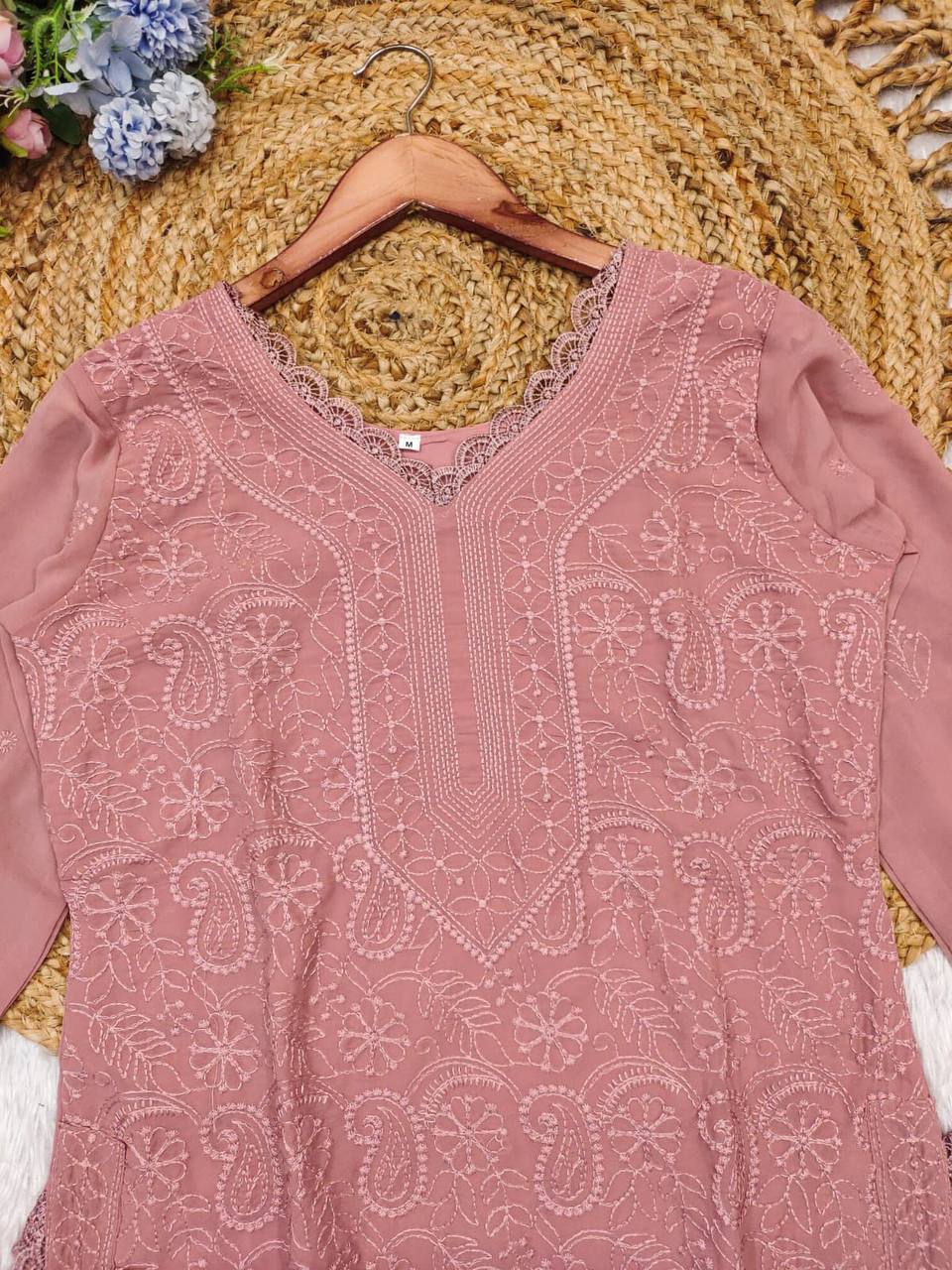 Ramani Peach Georgette Chikankari Embroidery Kurti Set