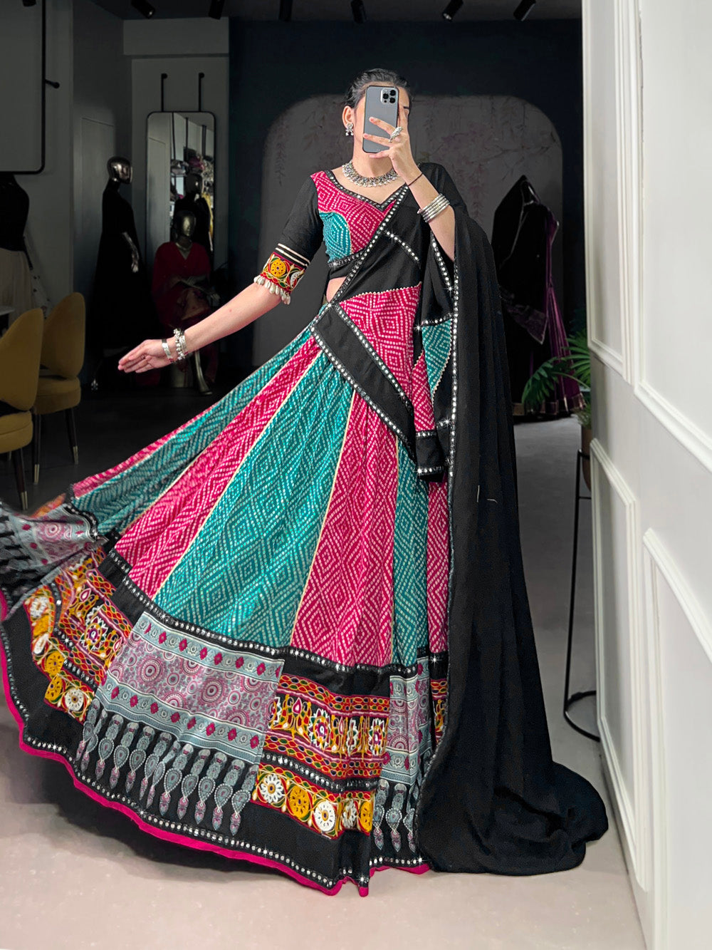 Black pink pure rayon Bandhej Ajrakh Gamthi mirror work lehenga choli