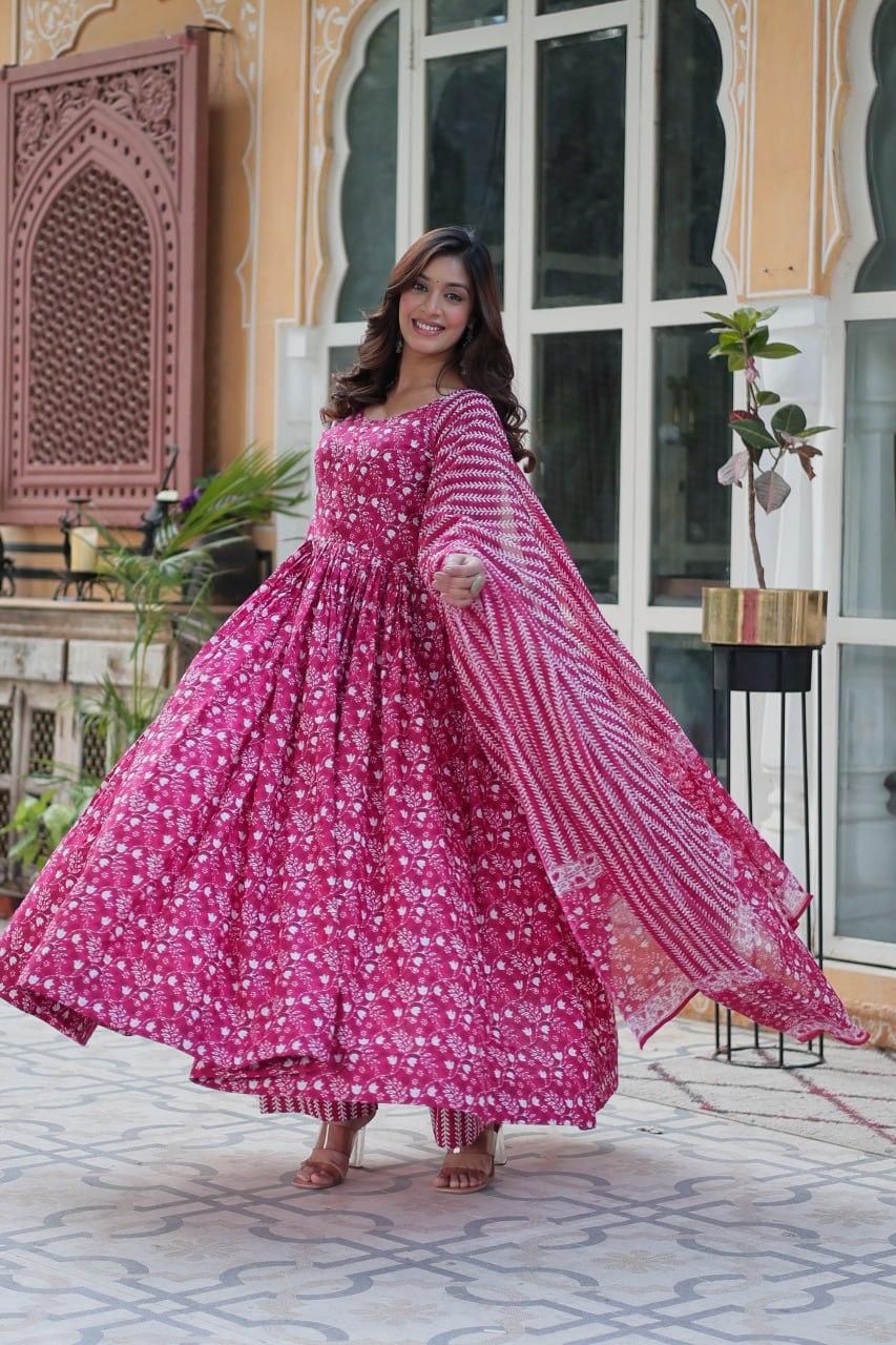 Pink cotton Mahi designer Anarkali suit with dupatta