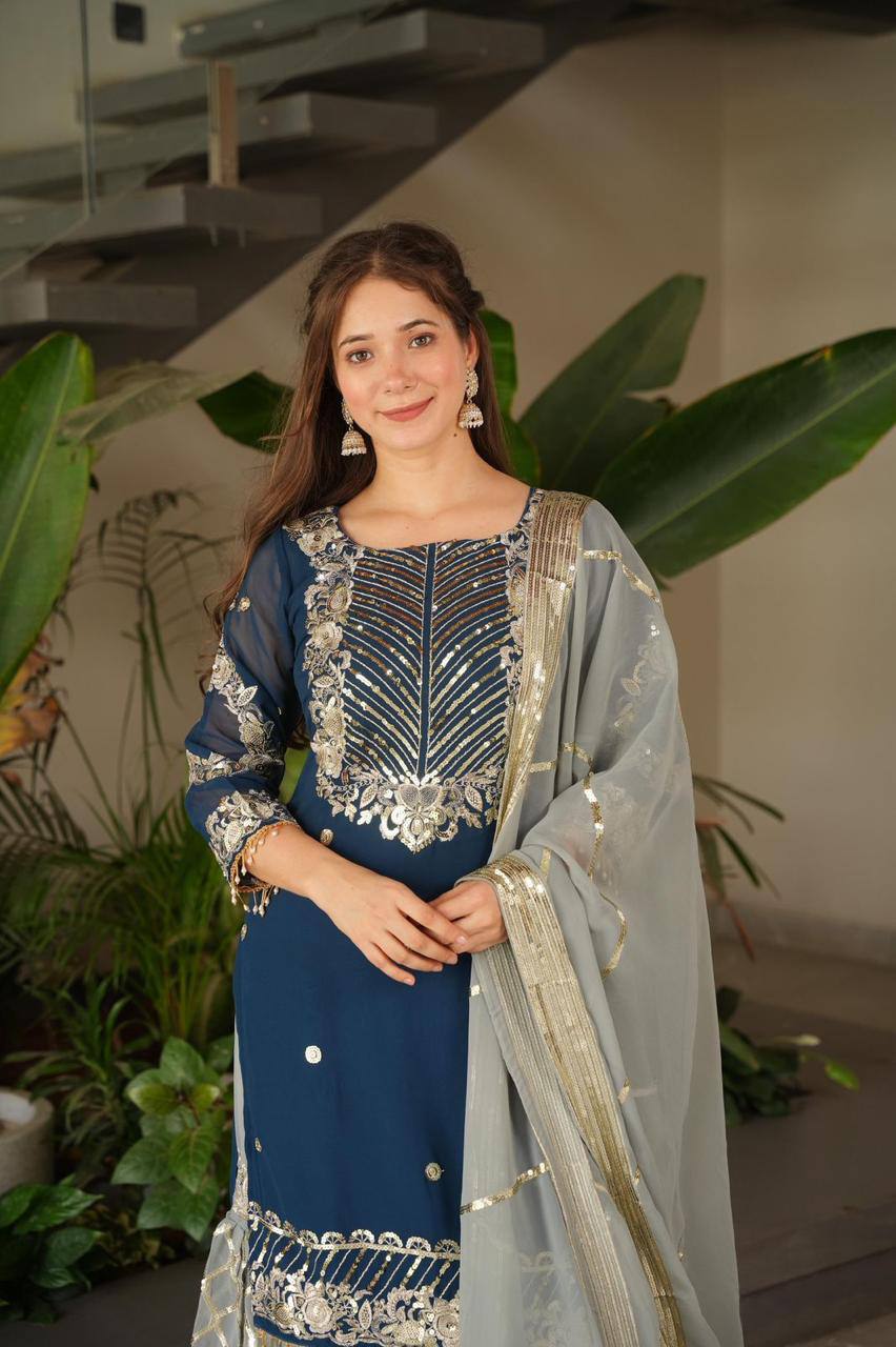 Blue fox georgette embroidered heavy sequence work kurti palazzo set