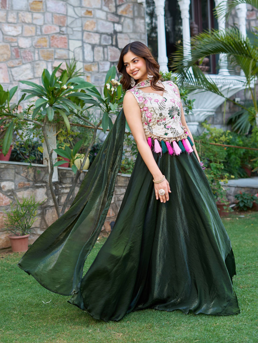 Tanu green tissue silk lehenga choli with sequins thread work and dupatta