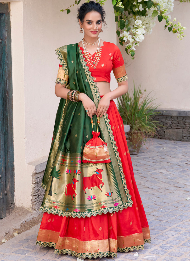 Red jacquard silk Paithani lehenga choli with dupatta and batwa
