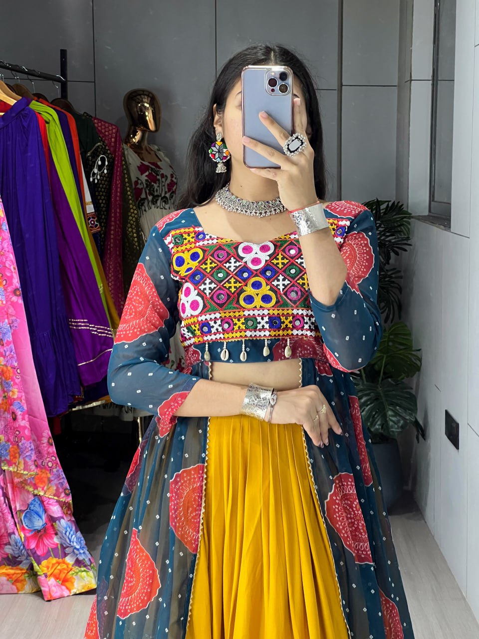 Mustard yellow rayon Bandhani print Gota Patti work faux georgette kurti lehenga