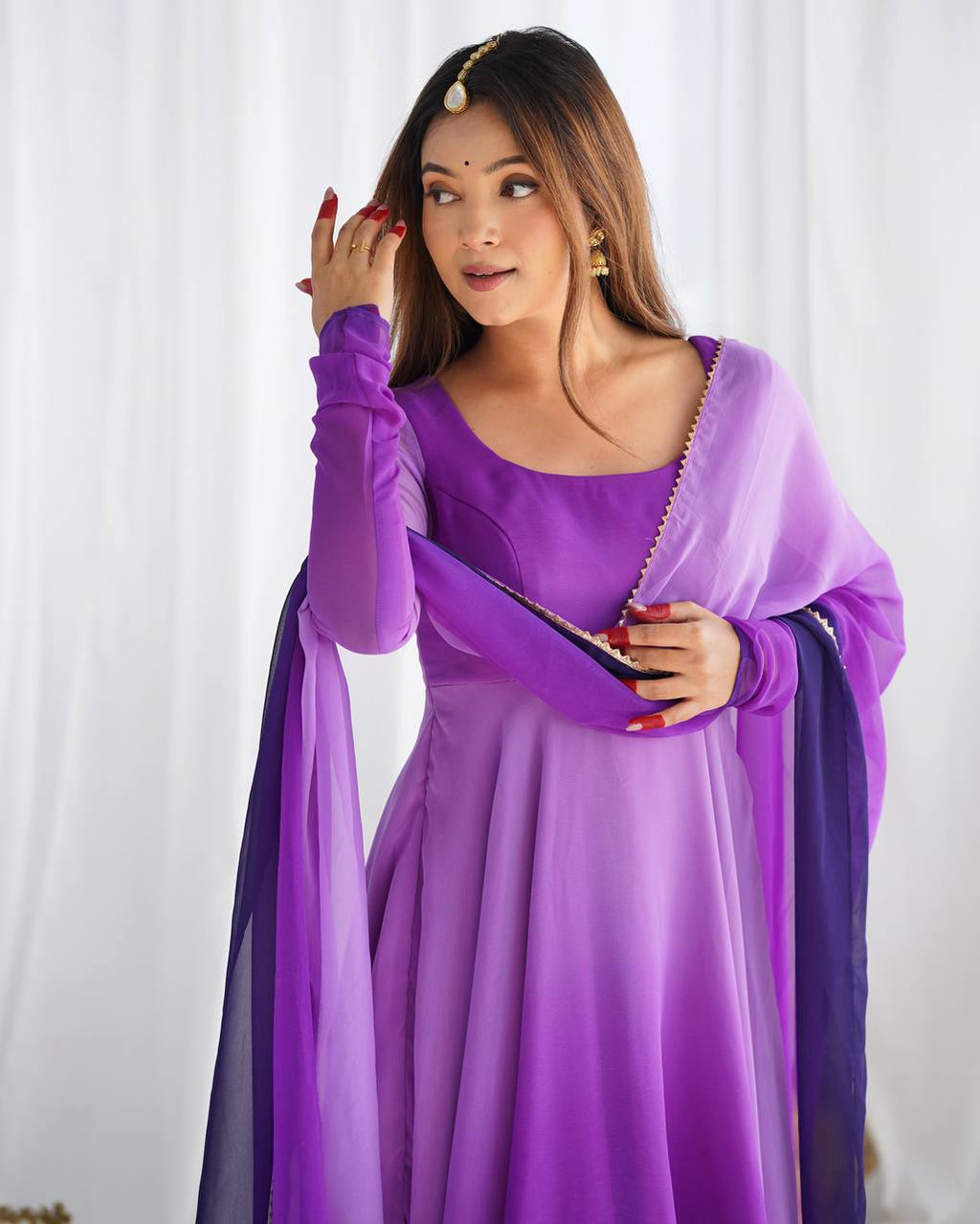 Purple georgette Anarkali gown with dupatta, printed flair gown set, party wear Anarkali set for women—fully stitched festive Trinaari outfit.