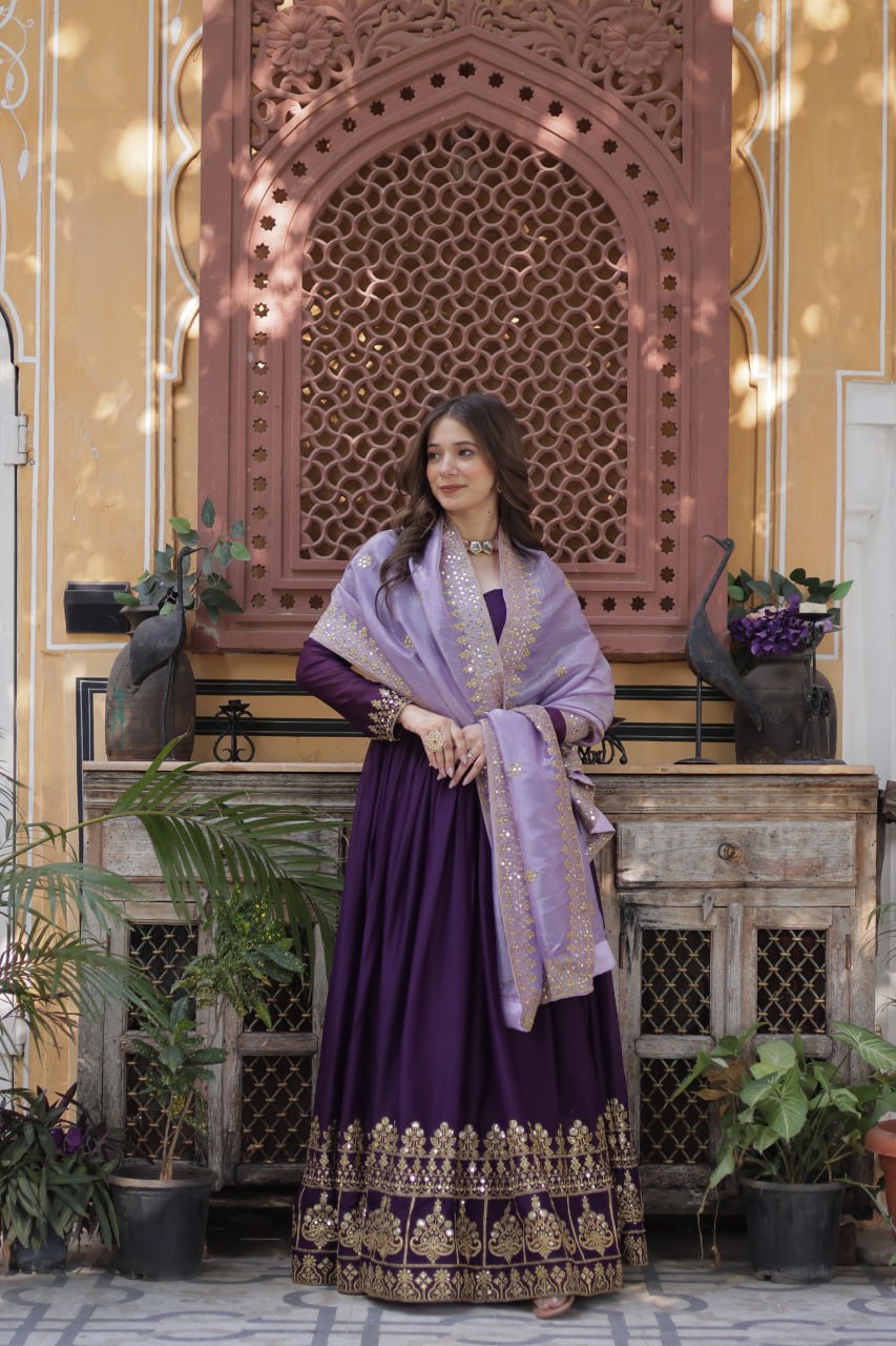 Purple star georgette embroidered zari sequins work gown with dupatta